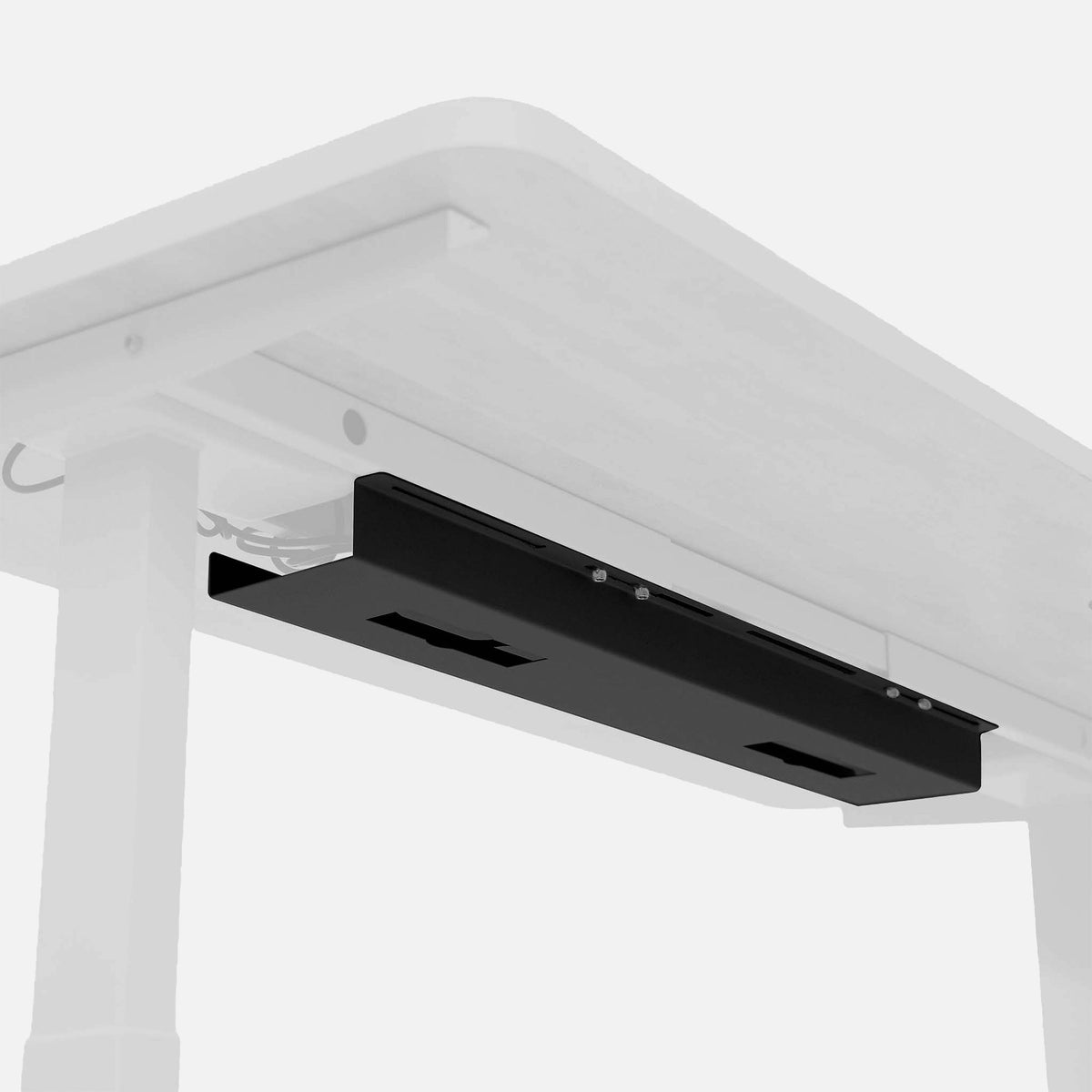 Black MotionGrey cable tray installed beneath a desk