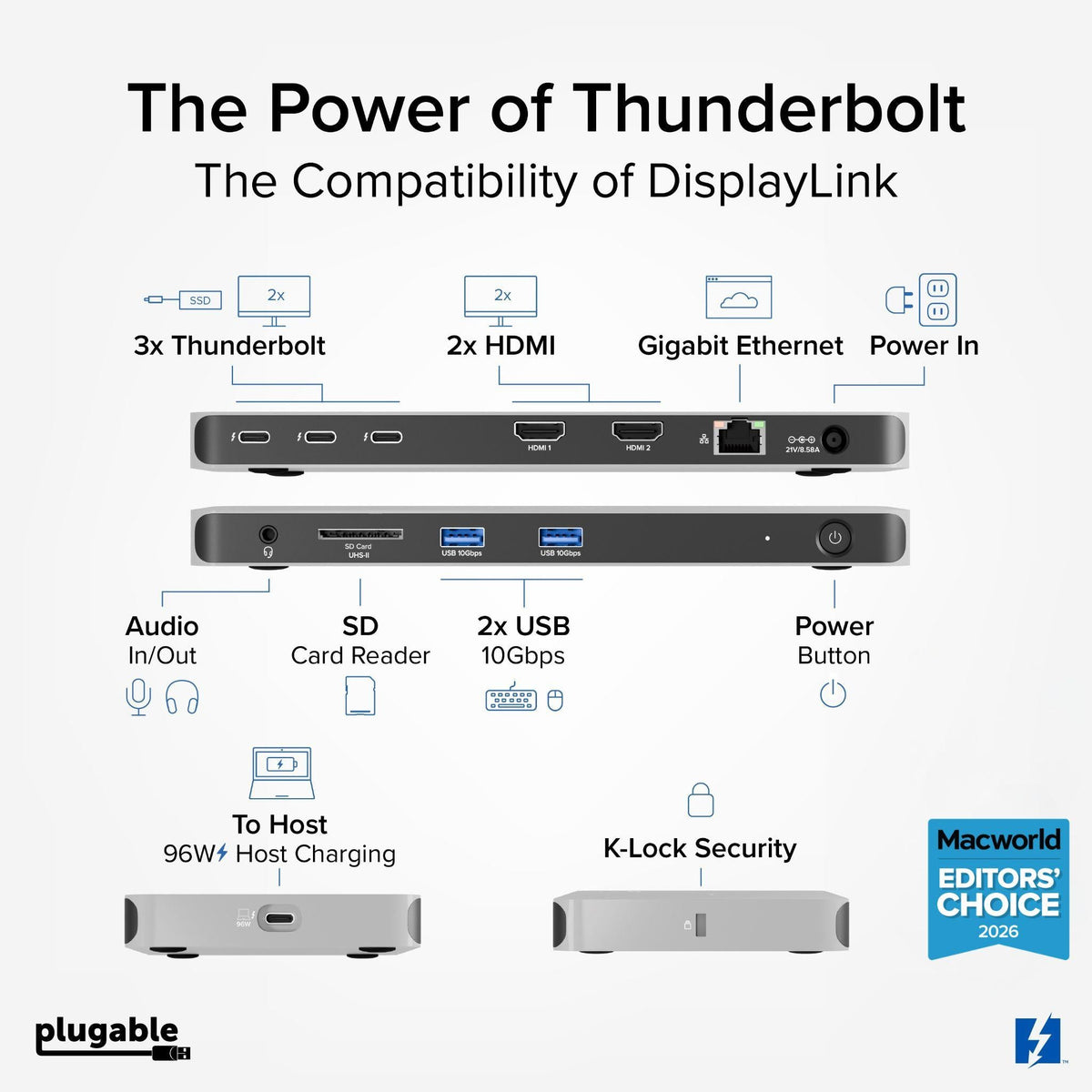 Plugable TBT-6950PD dock port layout and host connection