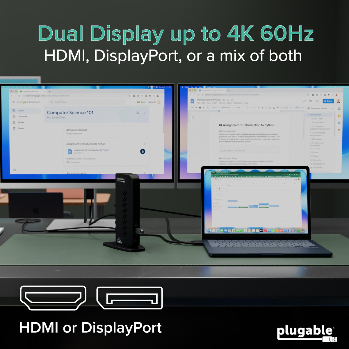 Plugable UD-6950Z dual 4K dock with HDMI or DisplayPort monitor setup