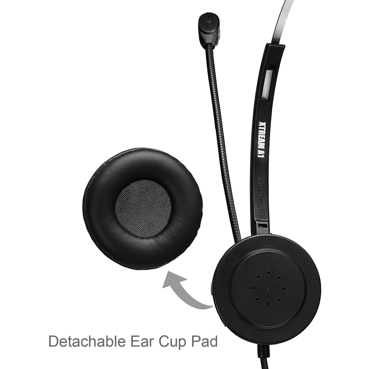 Removable ear pad and boom microphone of the Adesso Xtream P1
