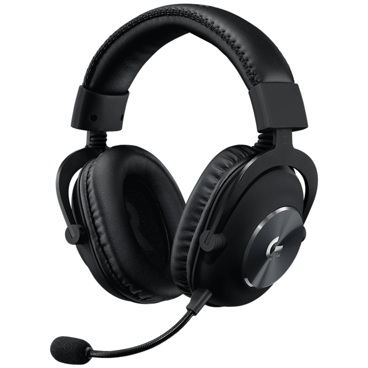 Logitech PRO X black wired gaming headset in three-quarter view with microphone