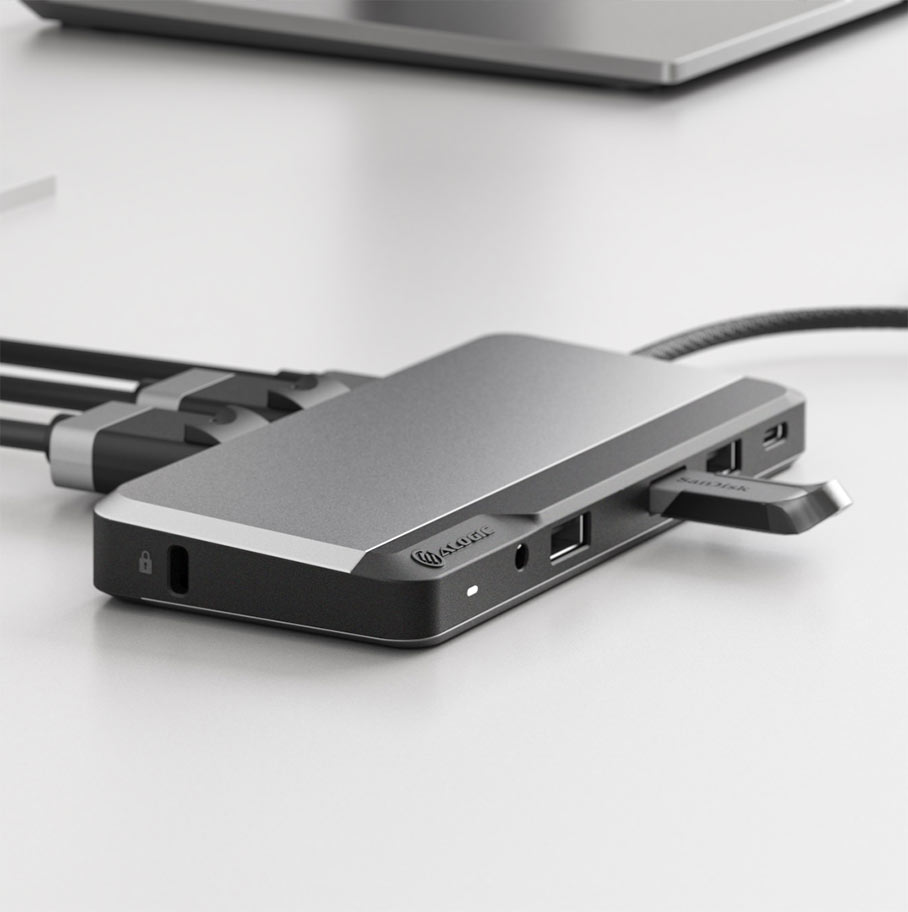 ALOGIC U1CAD-SGR MX2 Lite DisplayPort dock connected on a workstation desk