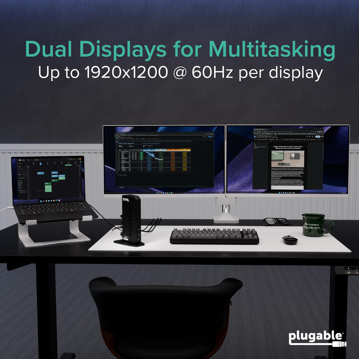 Plugable UD-3900Z dual HDMI dock on a two-monitor desk