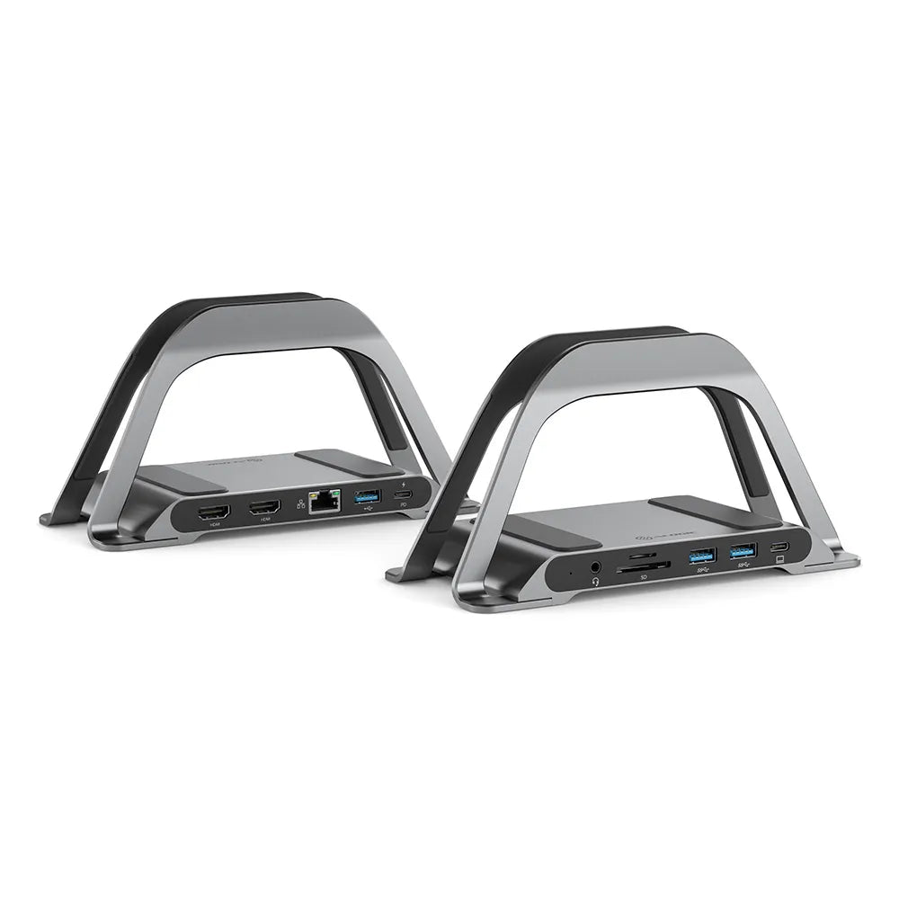 ALOGIC Bolt Plus ALDHDLR USB-C dock and laptop stand, angled views