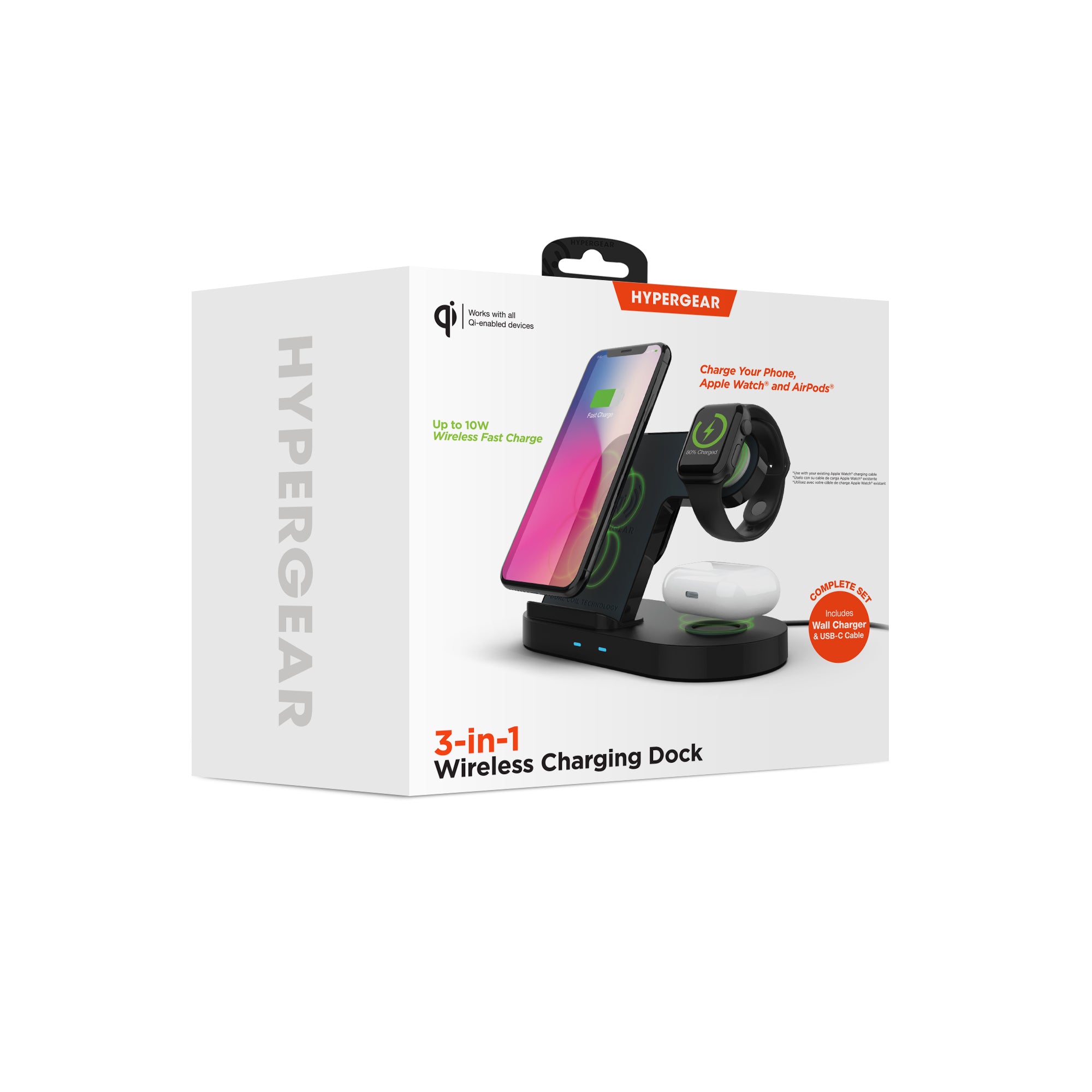 Hypergear 3-in-1 Wireless Charging Dock with 10W Wireless Fast Charge Charging Hub