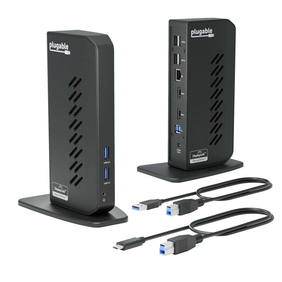 Plugable UD-3900Z docking station, front and rear with host cables