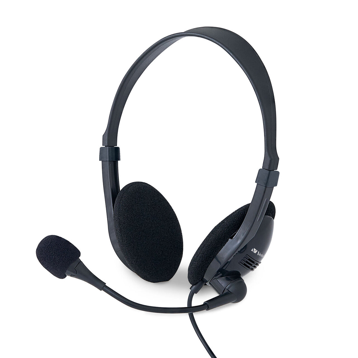 Verbatim 70723 black stereo USB-A headset with flexible boom microphone, three-quarter view
