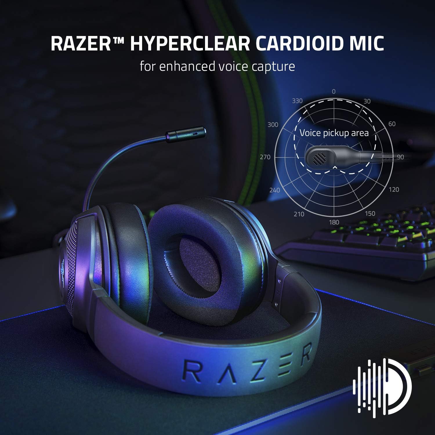 Razer Gaming Headset - Wired Kraken V3 X with Boom Hyperclear Cardioid Mic 7.1 Chroma RGB USB Black Gaming Headsets
