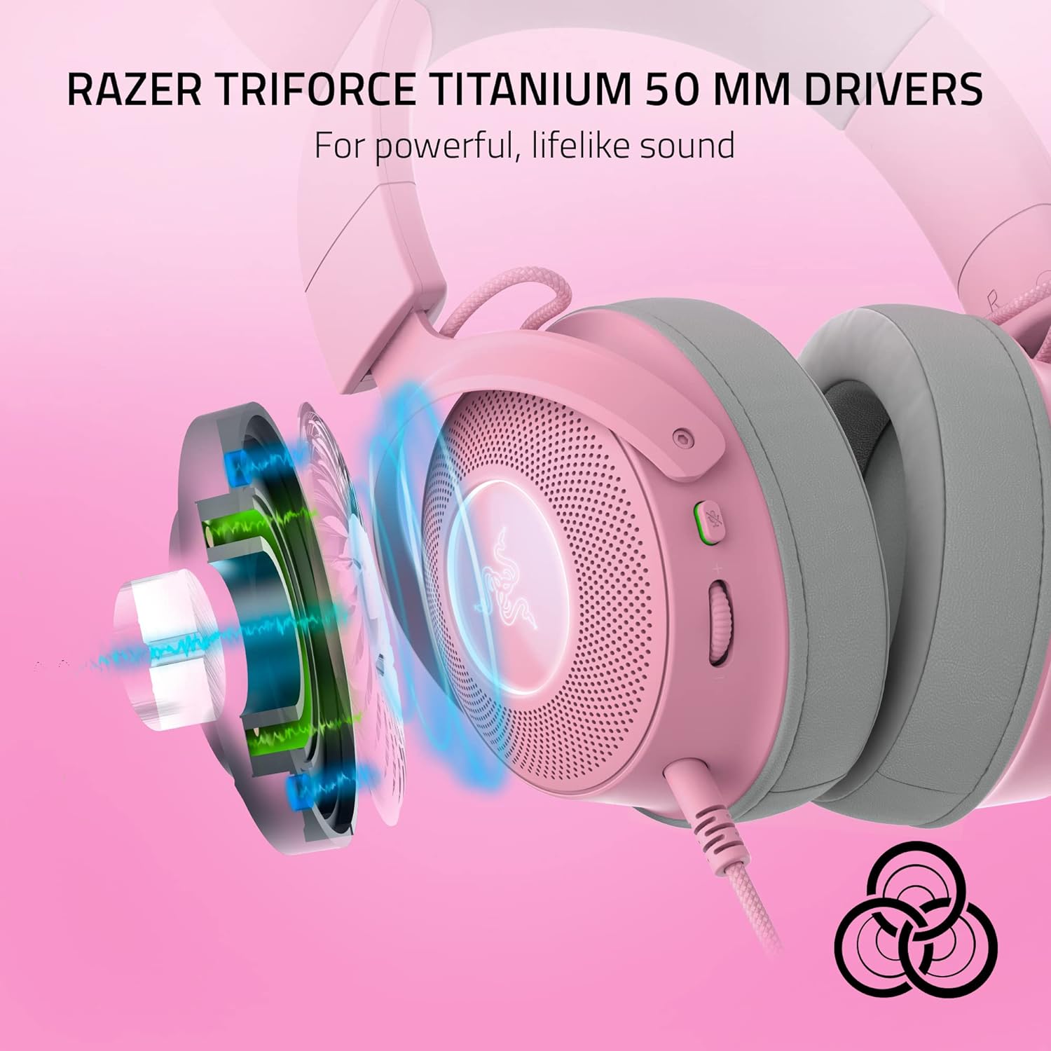 Razer Gaming Headset Kraken Kitty V2 Pro - Wired Stream Reactive RGB Interchangeable Ears Detachable HyperClear Mic THX Spatial Audio Passive Noise Cancelling Gaming Headsets