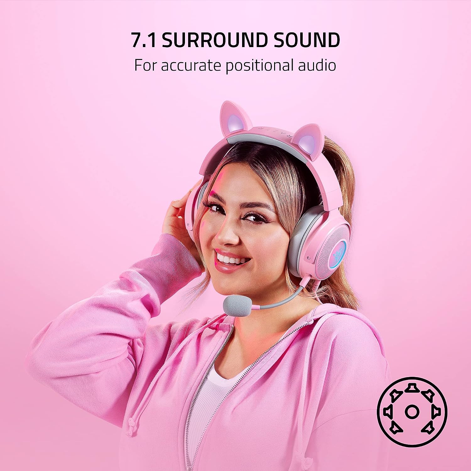 Razer Gaming Headset Kraken Kitty V2 Pro - Wired Stream Reactive RGB Interchangeable Ears Detachable HyperClear Mic THX Spatial Audio Passive Noise Cancelling Gaming Headsets