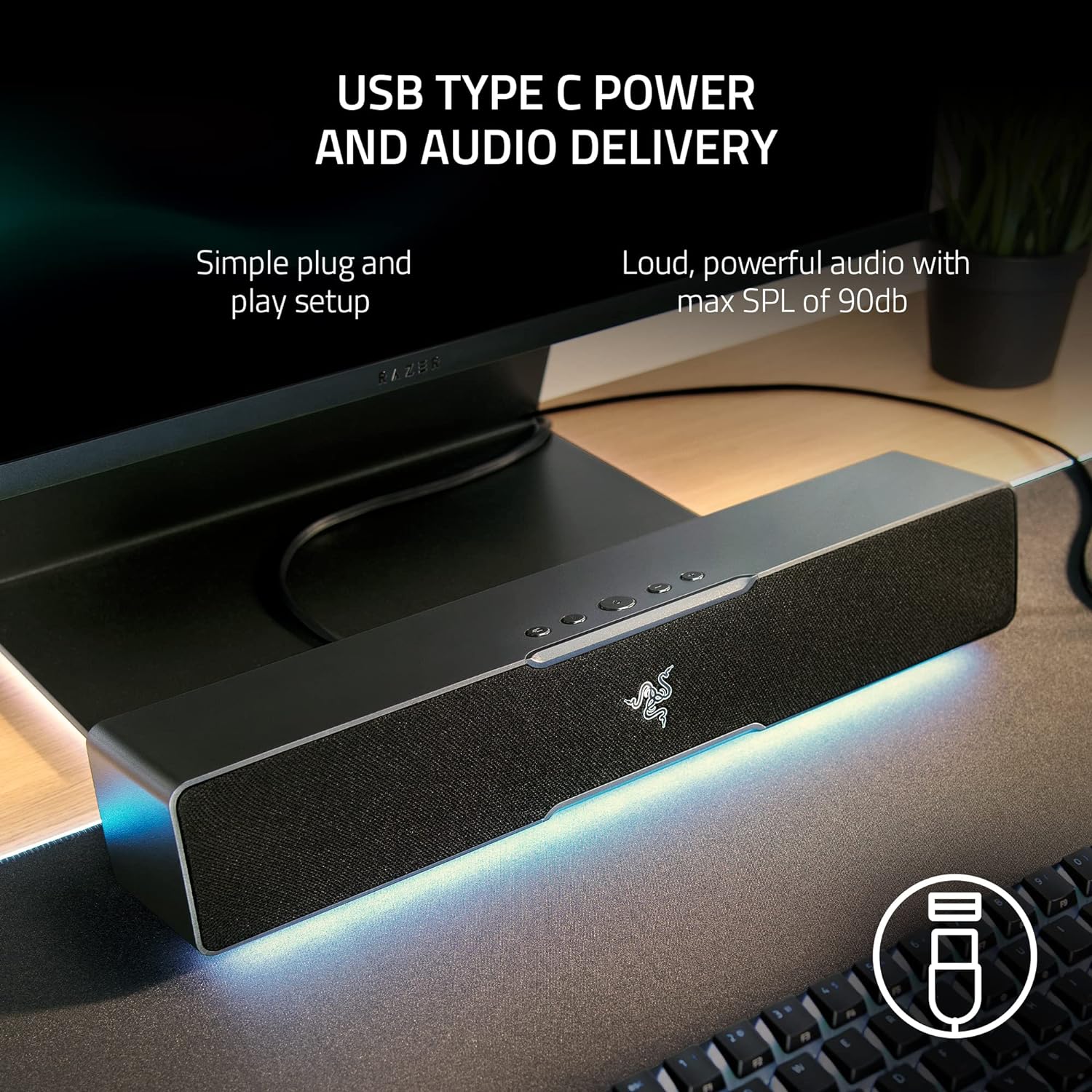 Razer Gaming Speaker Bluetooth Soundbar Leviathan V2 X Compact Desktop Form Factor Chroma RGB USB-C Power & Audio Delivery - Black Speakers