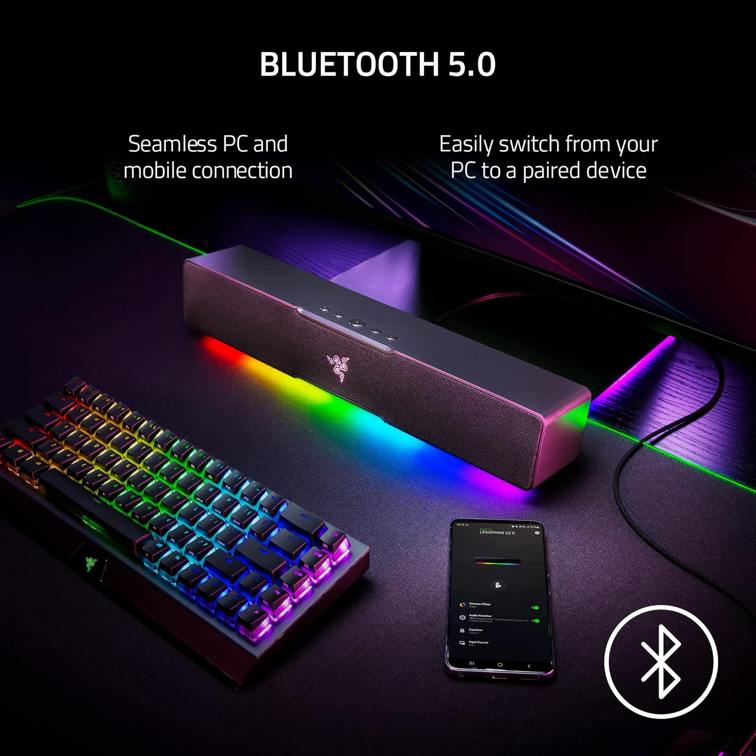 Razer Gaming Speaker Bluetooth Soundbar Leviathan V2 X Compact Desktop Form Factor Chroma RGB USB-C Power & Audio Delivery - Black Speakers