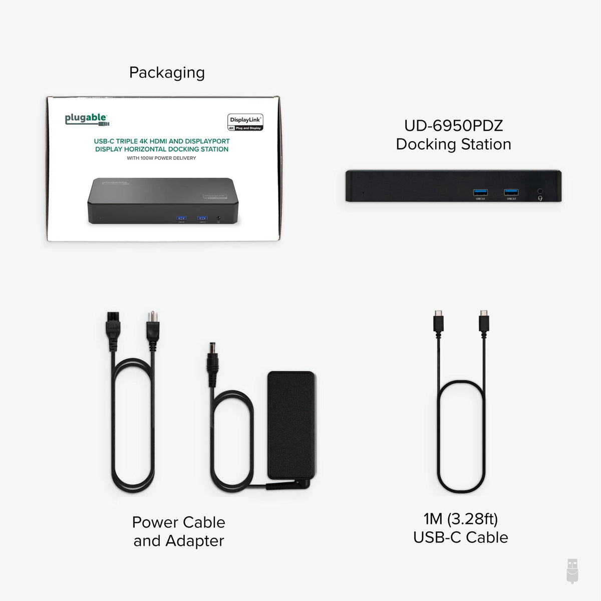 Plugable UD-6950PDZ dock, package, USB-C cable and power adapter
