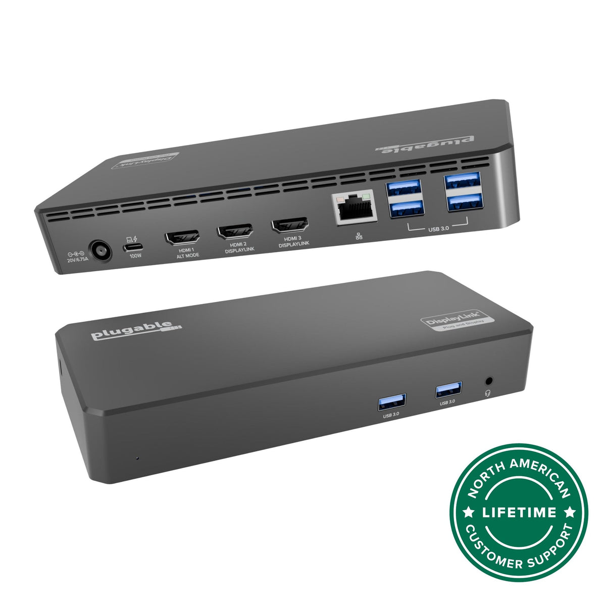 Plugable UD-3900PDZ triple display USB-C dock, front and rear views