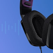 Logitech G335 black wired gaming headset, earcup and headband detail