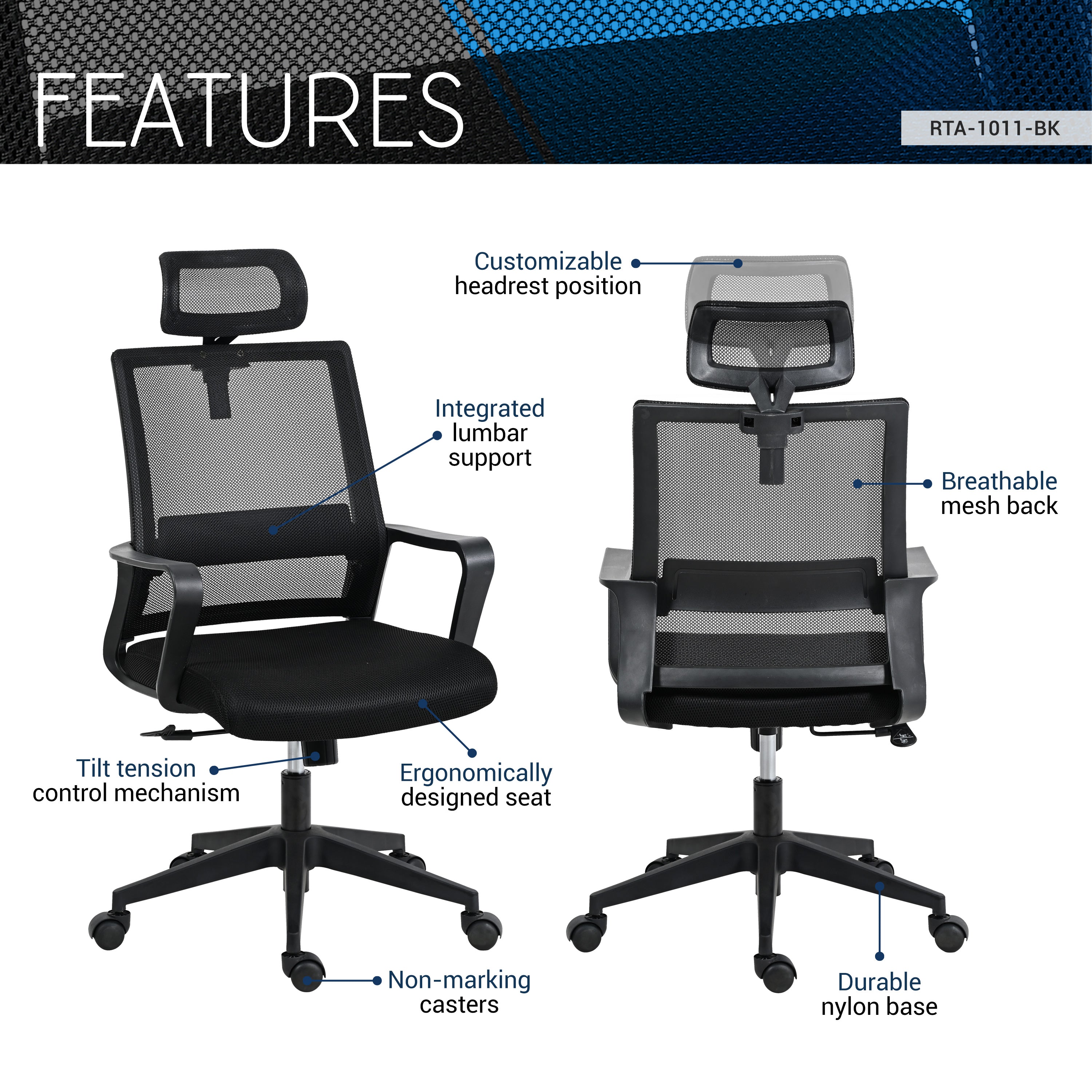 Techni Mobili Ergonomic Office Chair with Lumbar Support and Adjustable Headrest Office Chairs