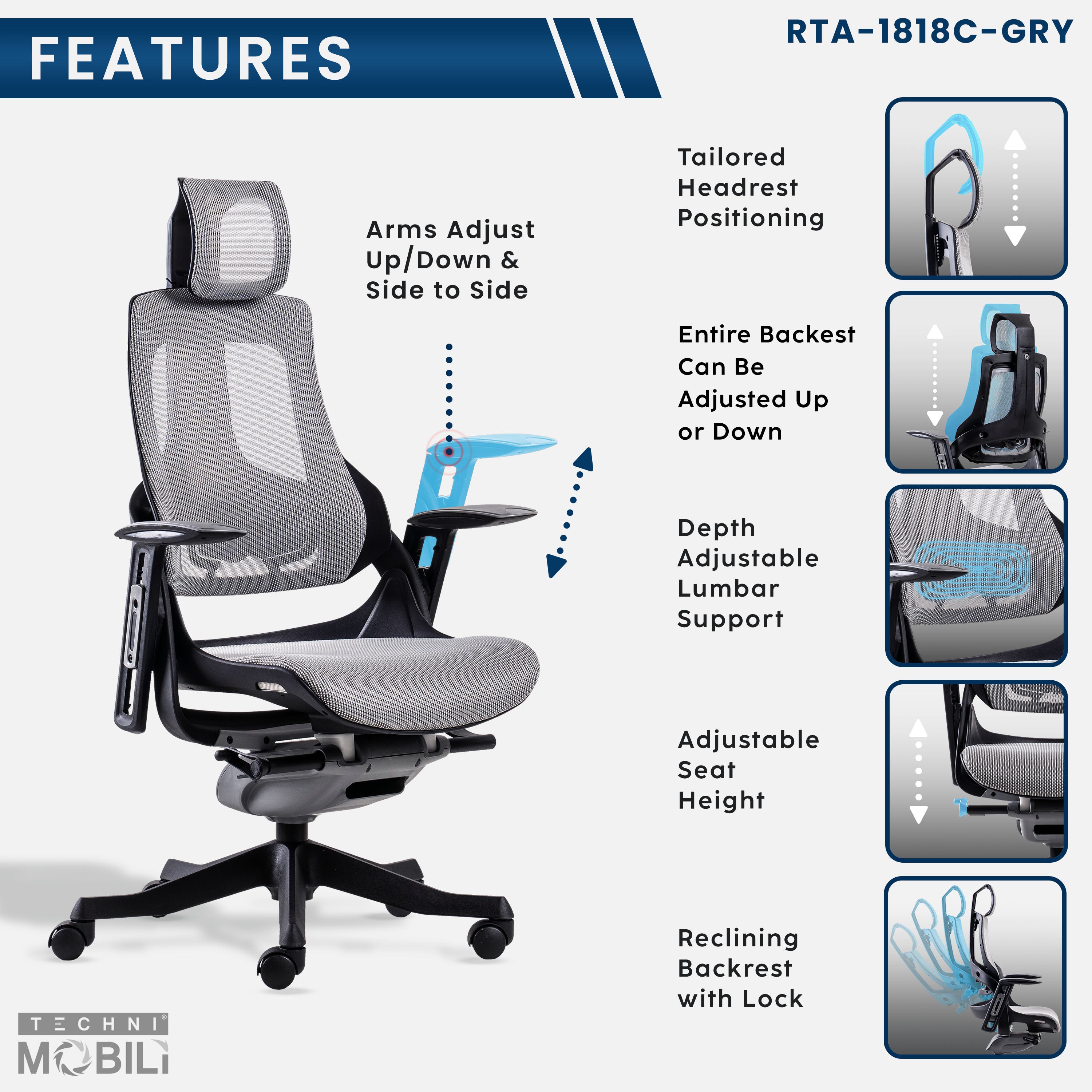 Techni Mobili LUX Ergonomic Executive Chair, Grey Office Chairs