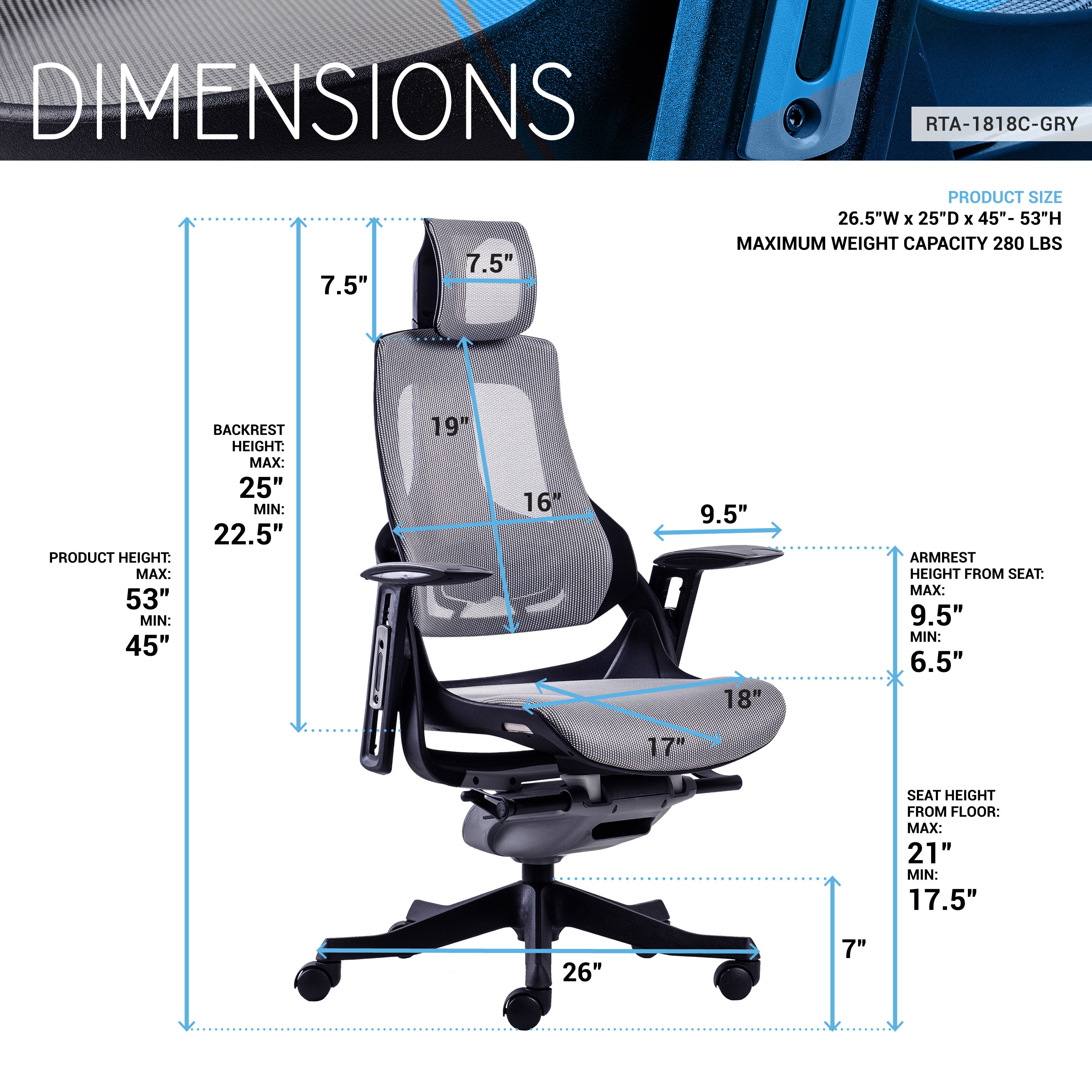 Techni Mobili LUX Ergonomic Executive Chair, Grey Office Chairs