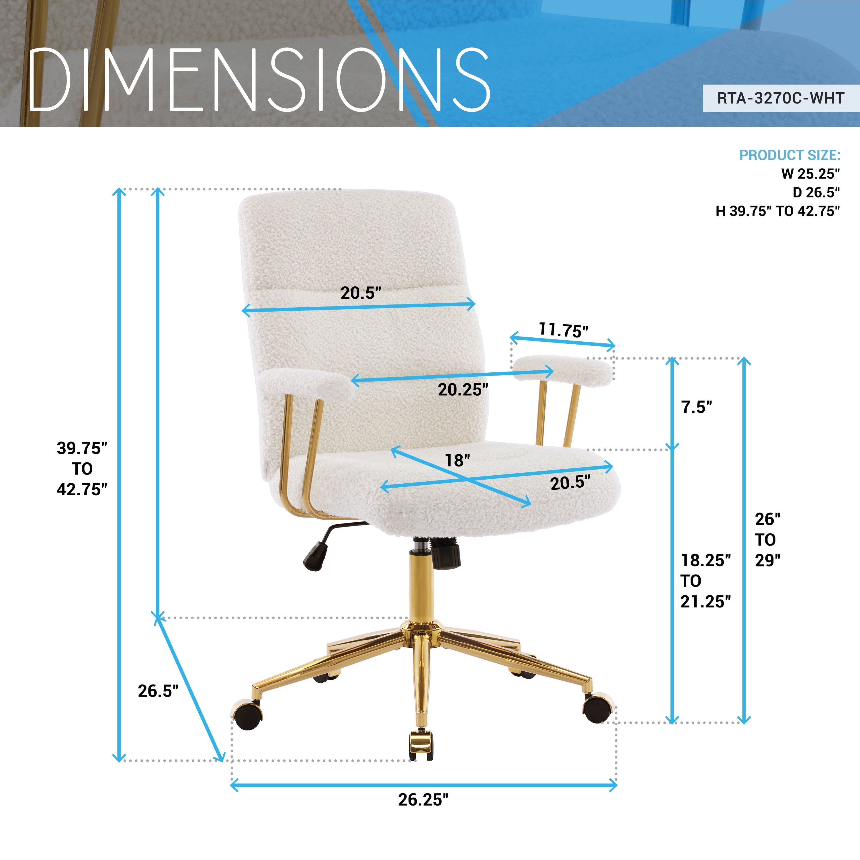 Techni Mobili Elegant Textured Boucle White and Gold Office Chair Office Chairs
