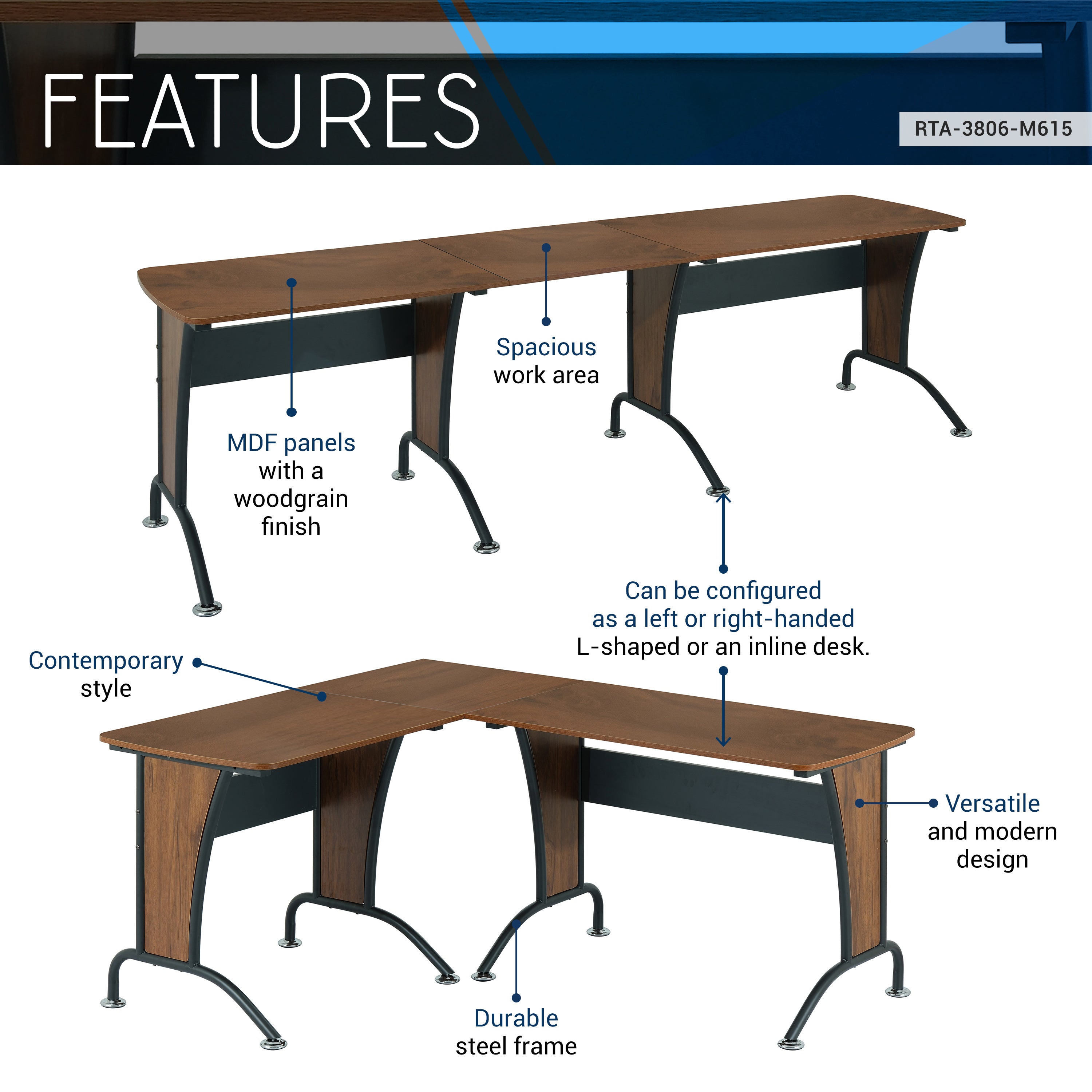 Techni Mobili Deluxe L-Shaped Desk with Inline Team Desk Option Desks