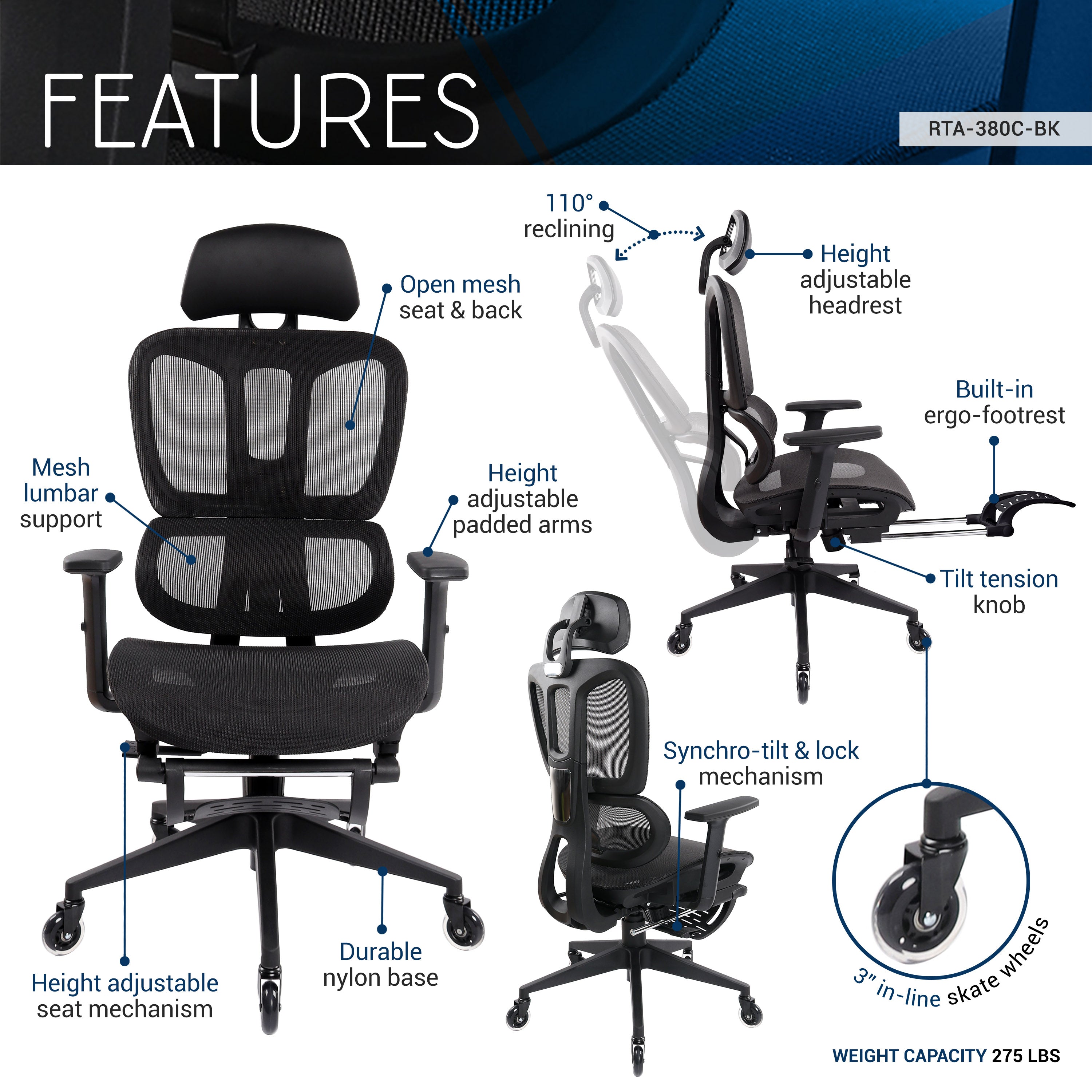 Techni Mobili Ultimate Reclining Ergonomic Mesh Office Chair with Lumbar Support and Footrest Office Chairs