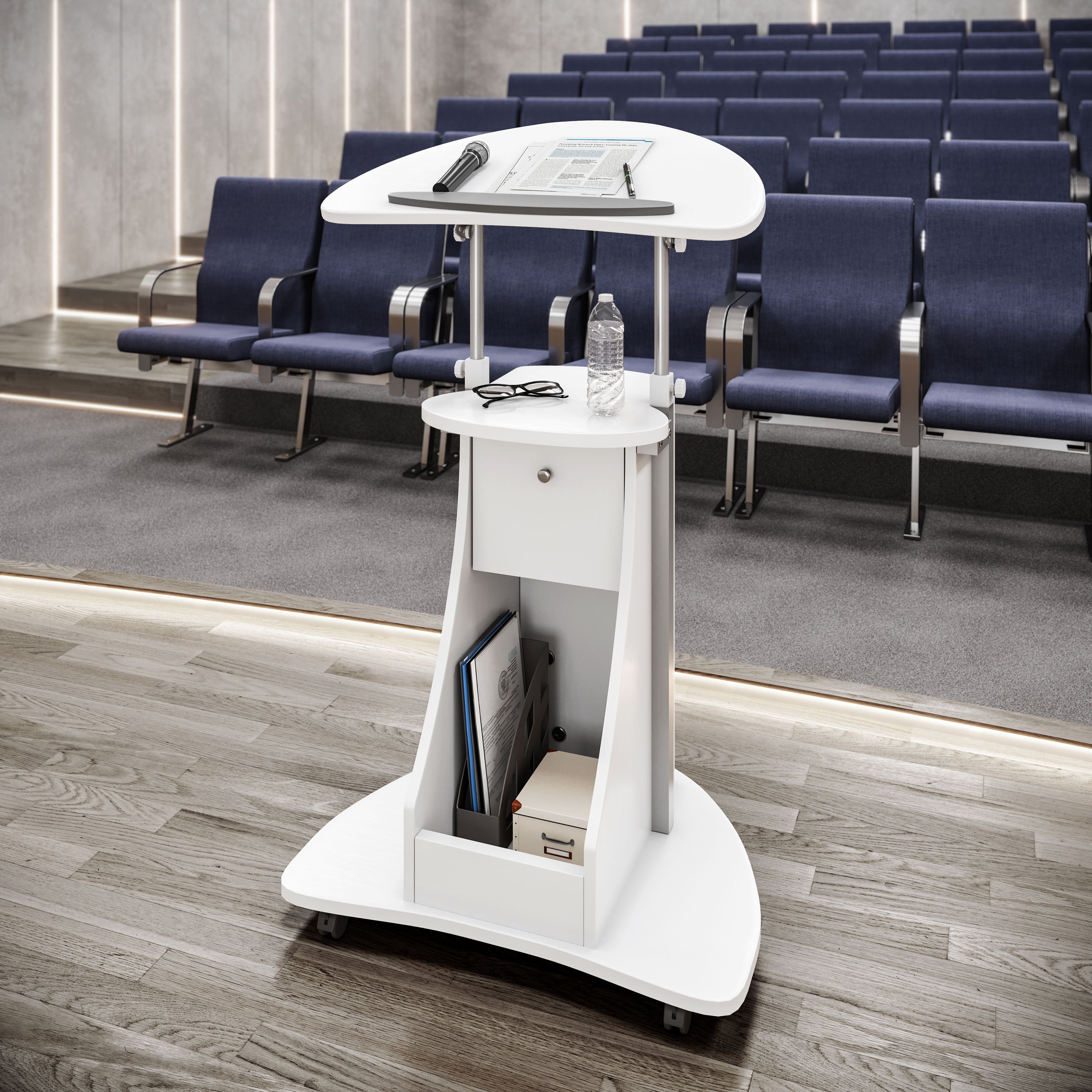 Techni Mobili Sit-to-Stand Rolling Adjustable Height Laptop Cart With Storage Desks