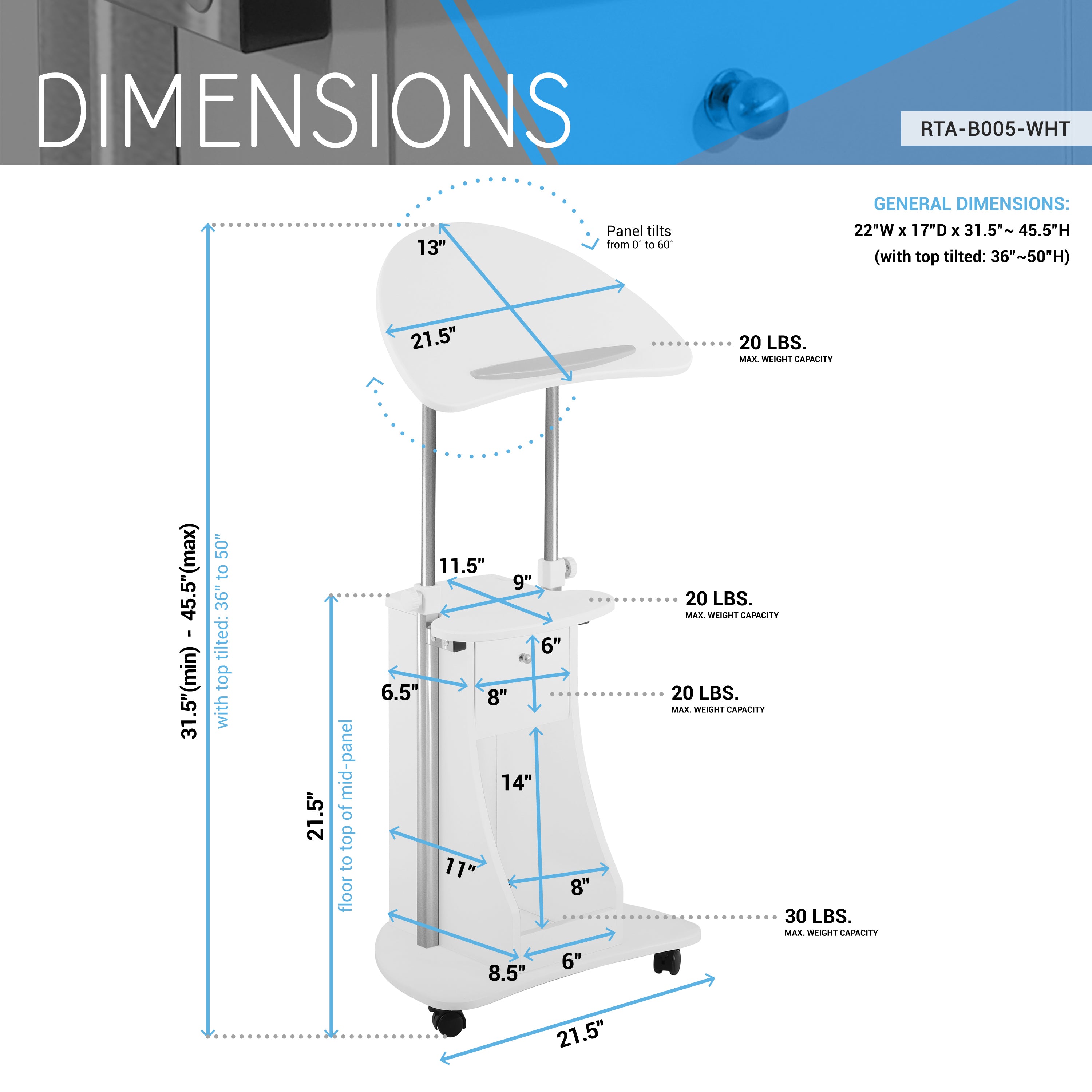 Techni Mobili Sit-to-Stand Rolling Adjustable Height Laptop Cart With Storage Desks