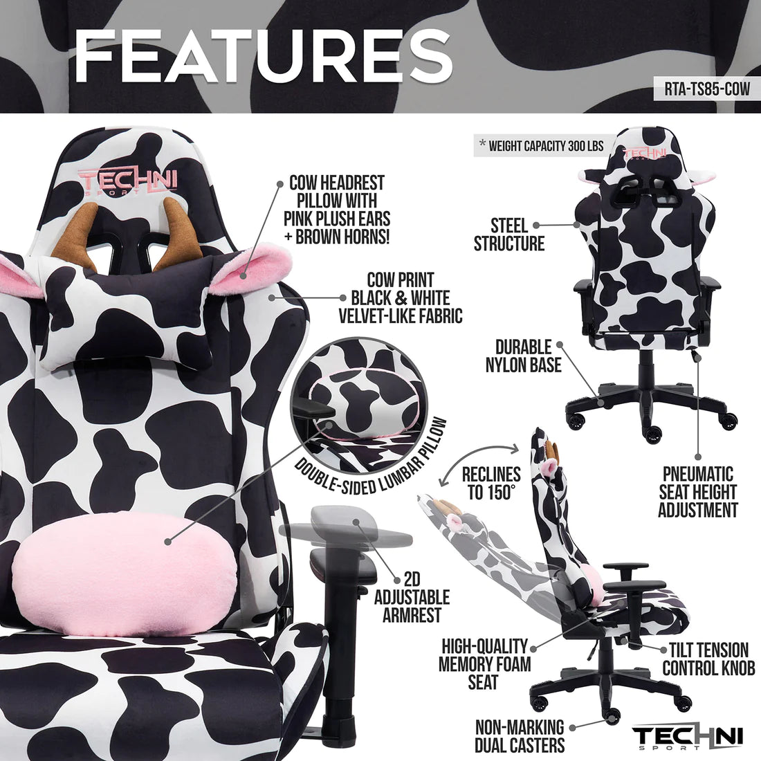 Techni Sport Cow Series Gaming Chair Ergonomic Gaming Chairs