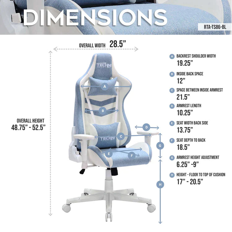 Techni Sport TS86 Ergonomic Pastel Gaming Chair, Blue Gaming Chairs