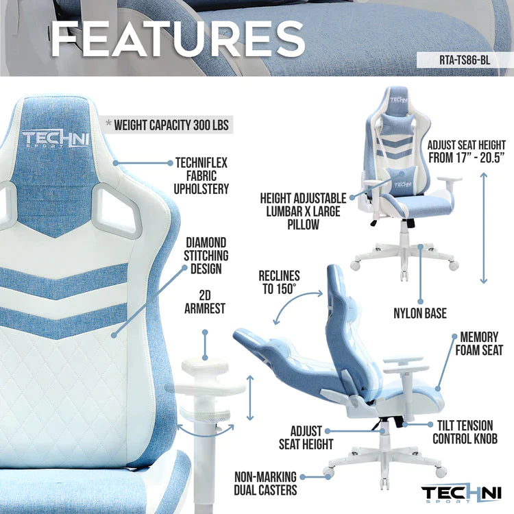 Techni Sport TS86 Ergonomic Pastel Gaming Chair, Blue Gaming Chairs
