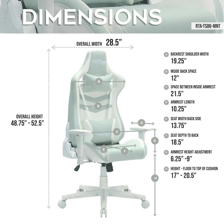 Techni Sport TS86 Ergonomic Pastel Gaming Chair, Mint Gaming Chairs