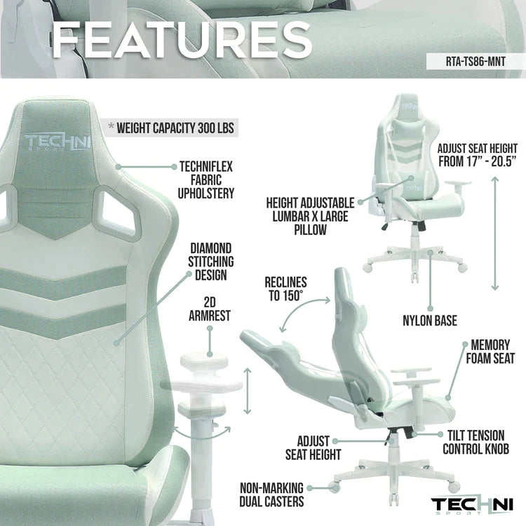 Techni Sport TS86 Ergonomic Pastel Gaming Chair, Mint Gaming Chairs