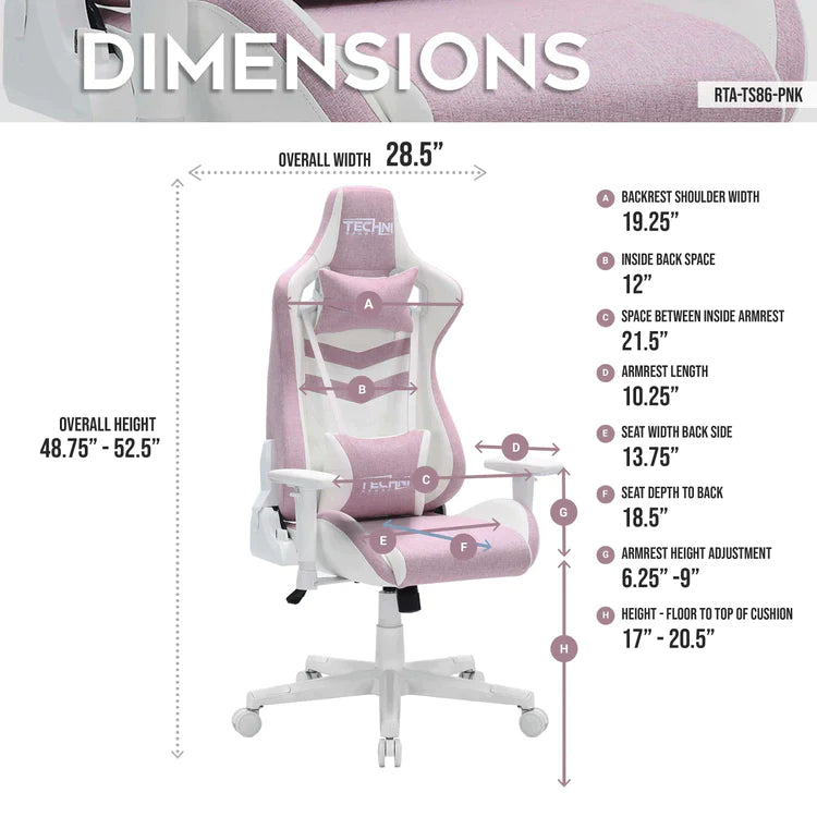 Techni Sport TS86 Ergonomic Pastel Gaming Chair, Pink Gaming Chairs