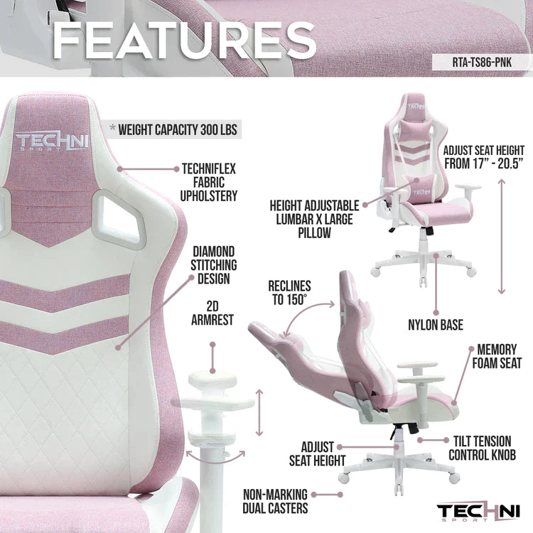 Techni Sport TS86 Ergonomic Pastel Gaming Chair, Pink Gaming Chairs