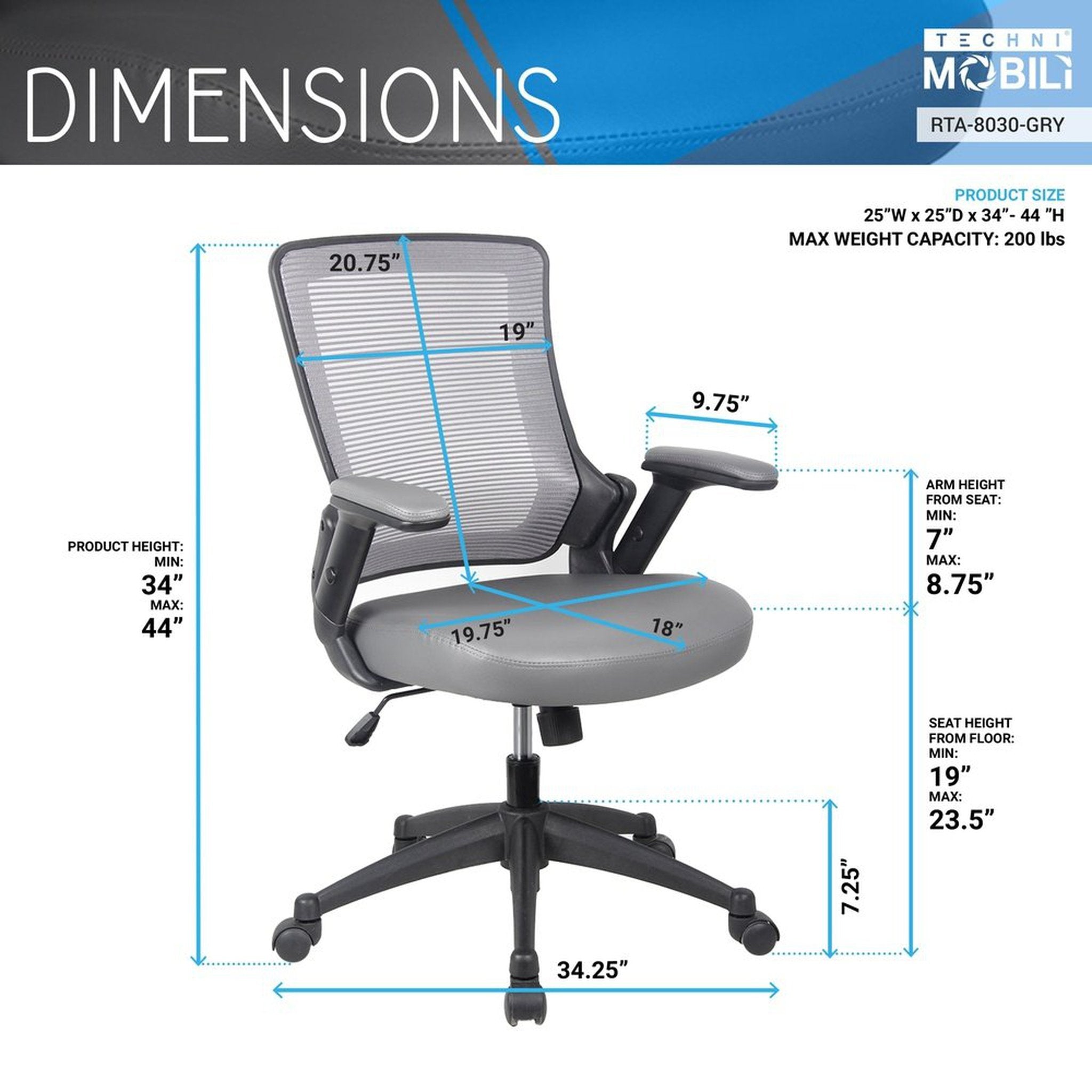 Techni Mobili Mid-Back Mesh Task Office Chair with Height Adjustable Arms Office Chairs