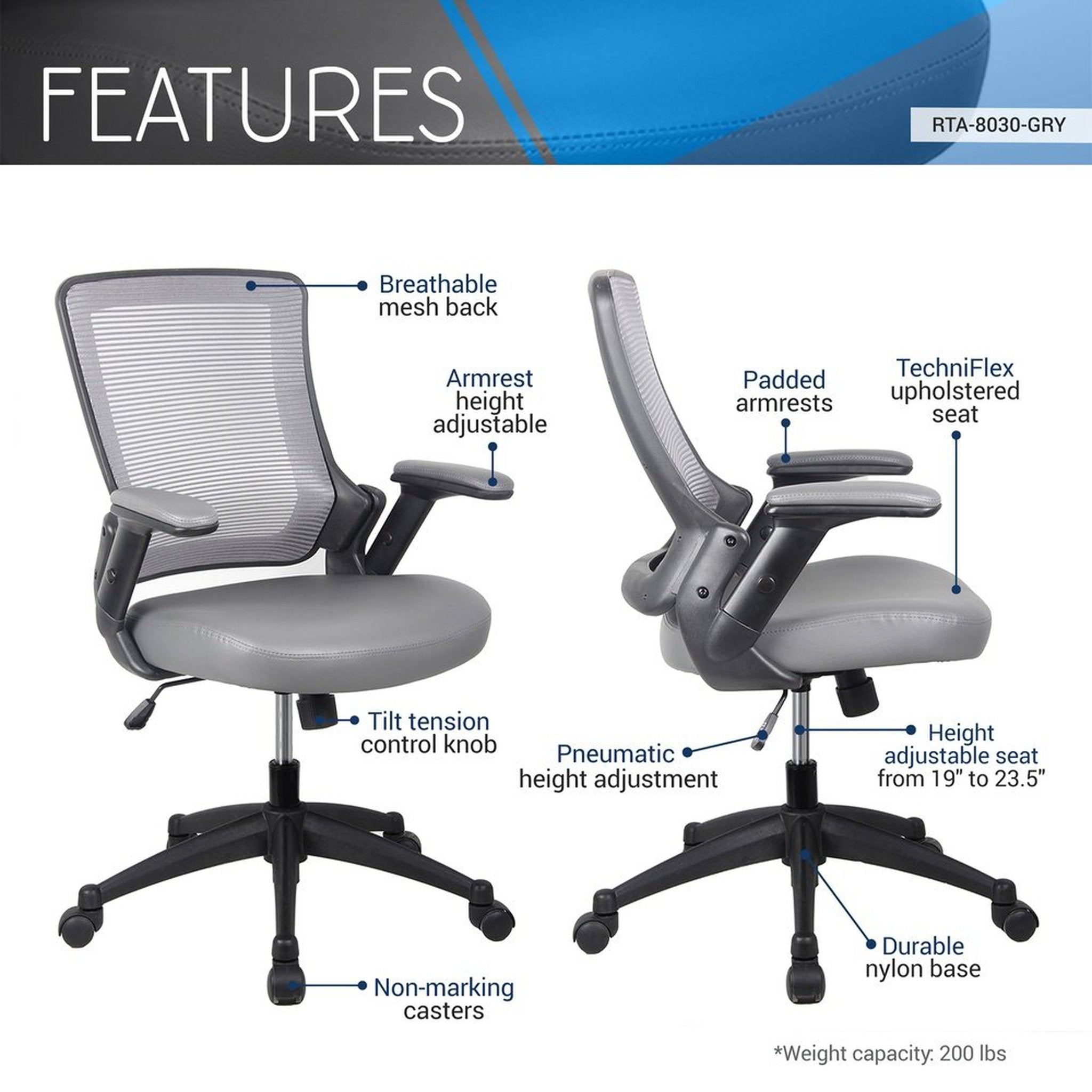 Techni Mobili Mid-Back Mesh Task Office Chair with Height Adjustable Arms Office Chairs