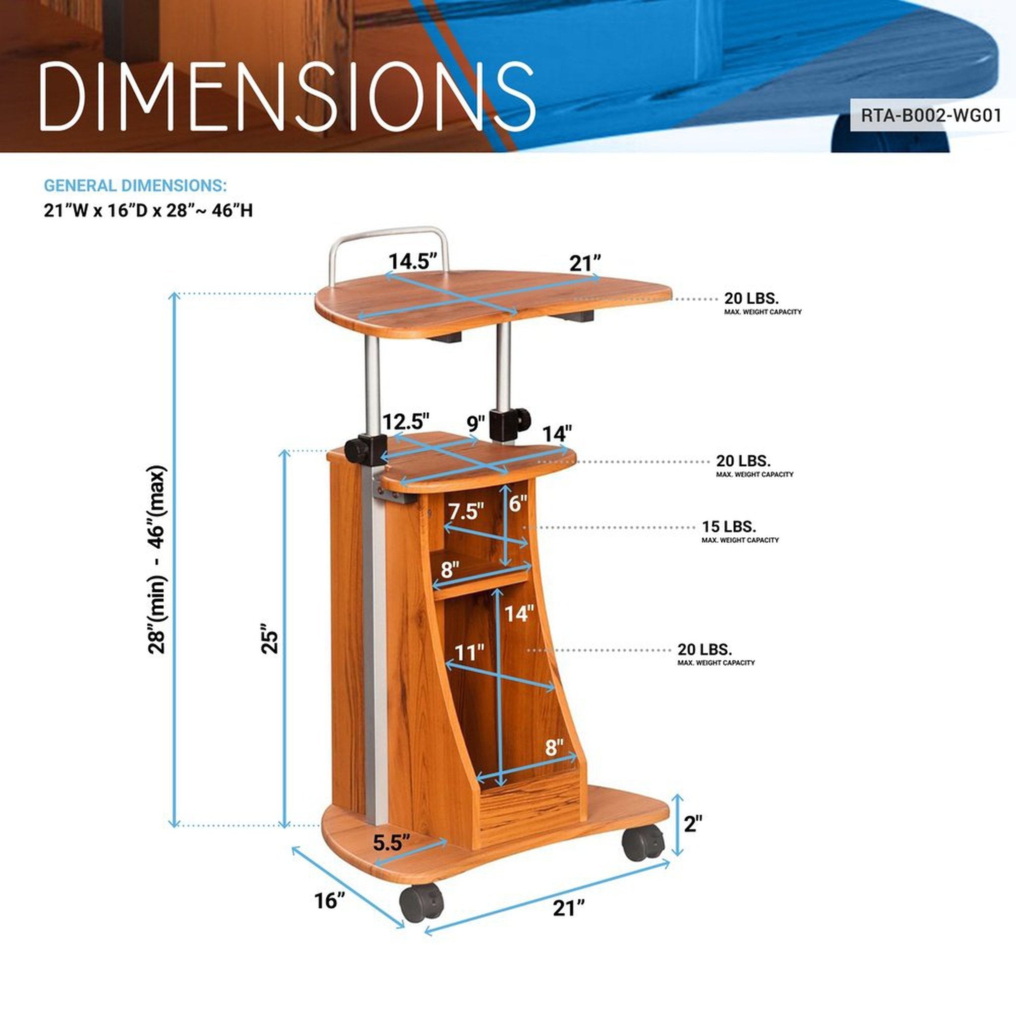 Techni Mobili Sit-to-Stand Rolling Adjustable Height Laptop Cart With Storage Desks