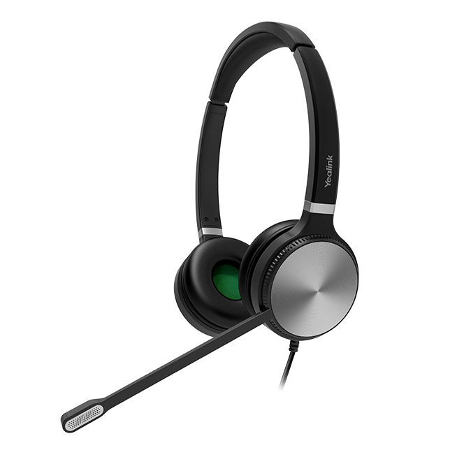 Yealink YHS36 Dual headset with two earcups and boom microphone, angled view