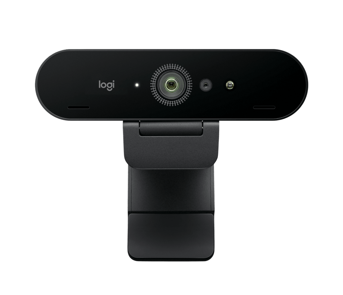 Logitech Brio 4K Graphite webcam front view on display clip