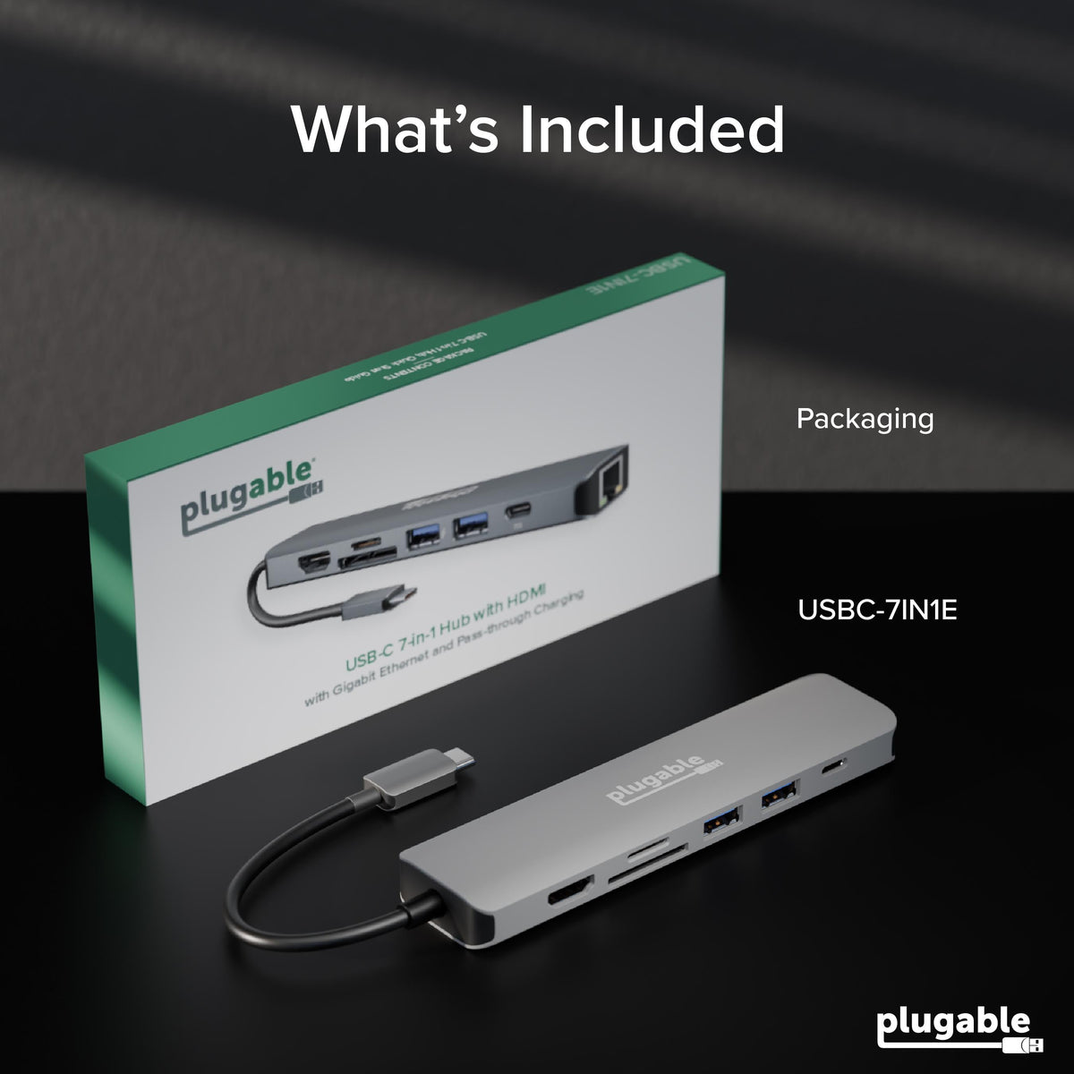 Plugable USBC-7IN1E hub and retail package