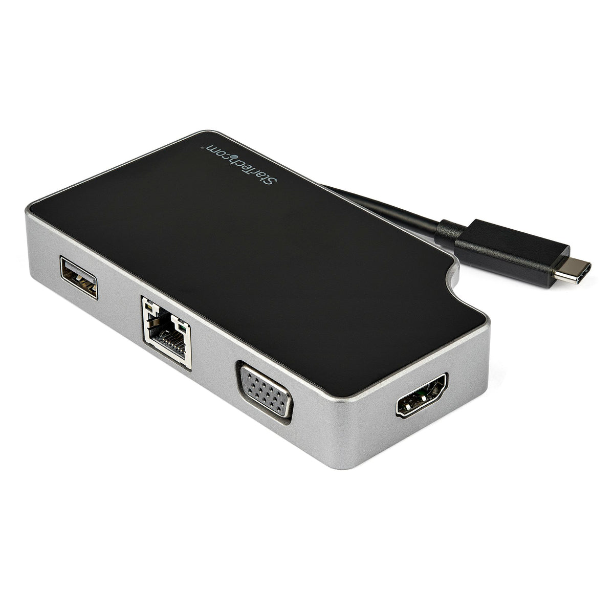 StarTech DKT30CHVGPD USB-C travel dock angled view showing HDMI, VGA, Ethernet and USB-A ports