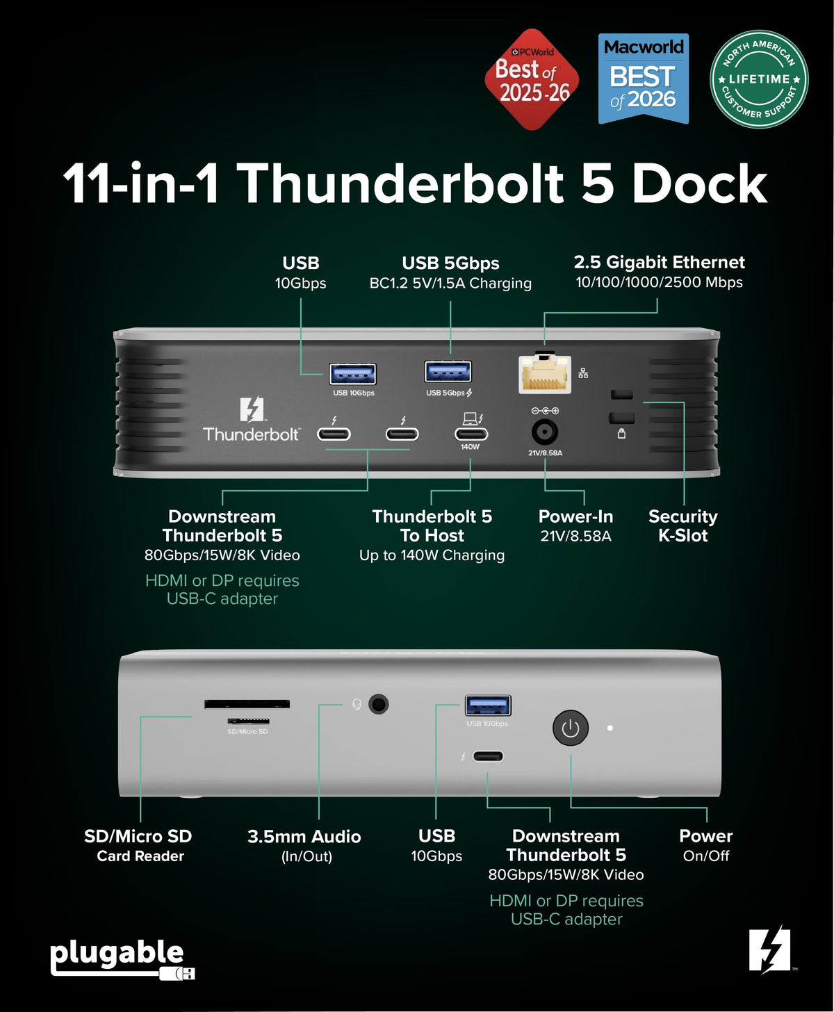 Plugable TBT-UDT3 dock port layout