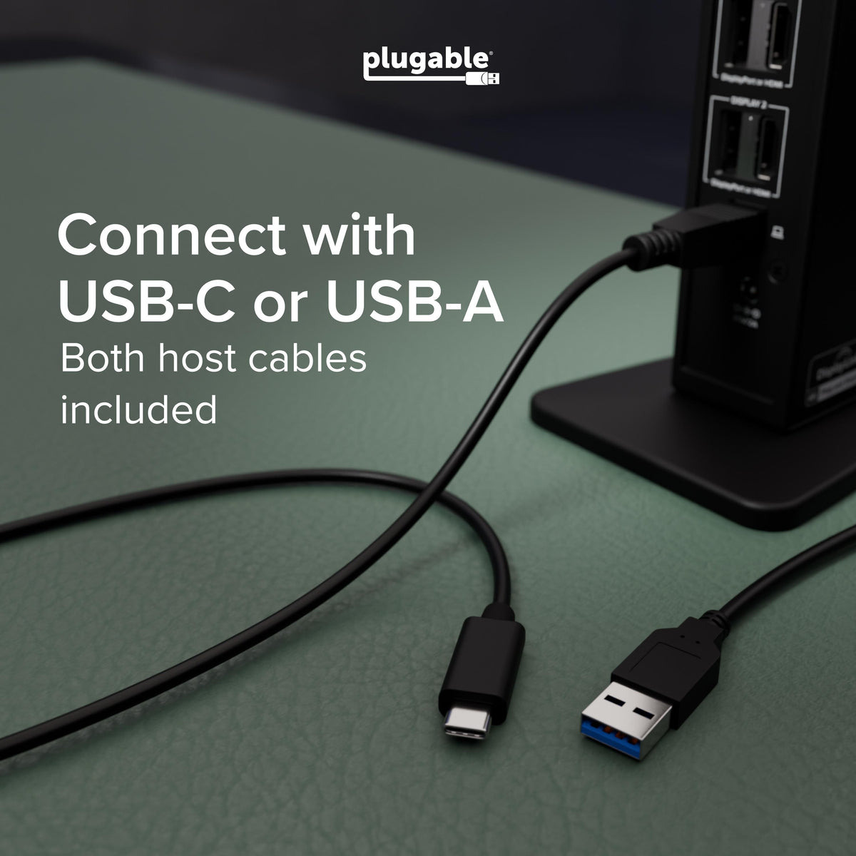 Plugable UD-6950Z dock connected with included USB-A or USB-C cable