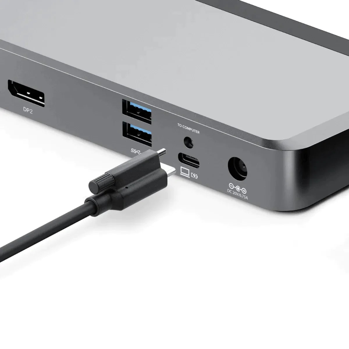 Close view of the MX2 dock USB-C host connection and front ports