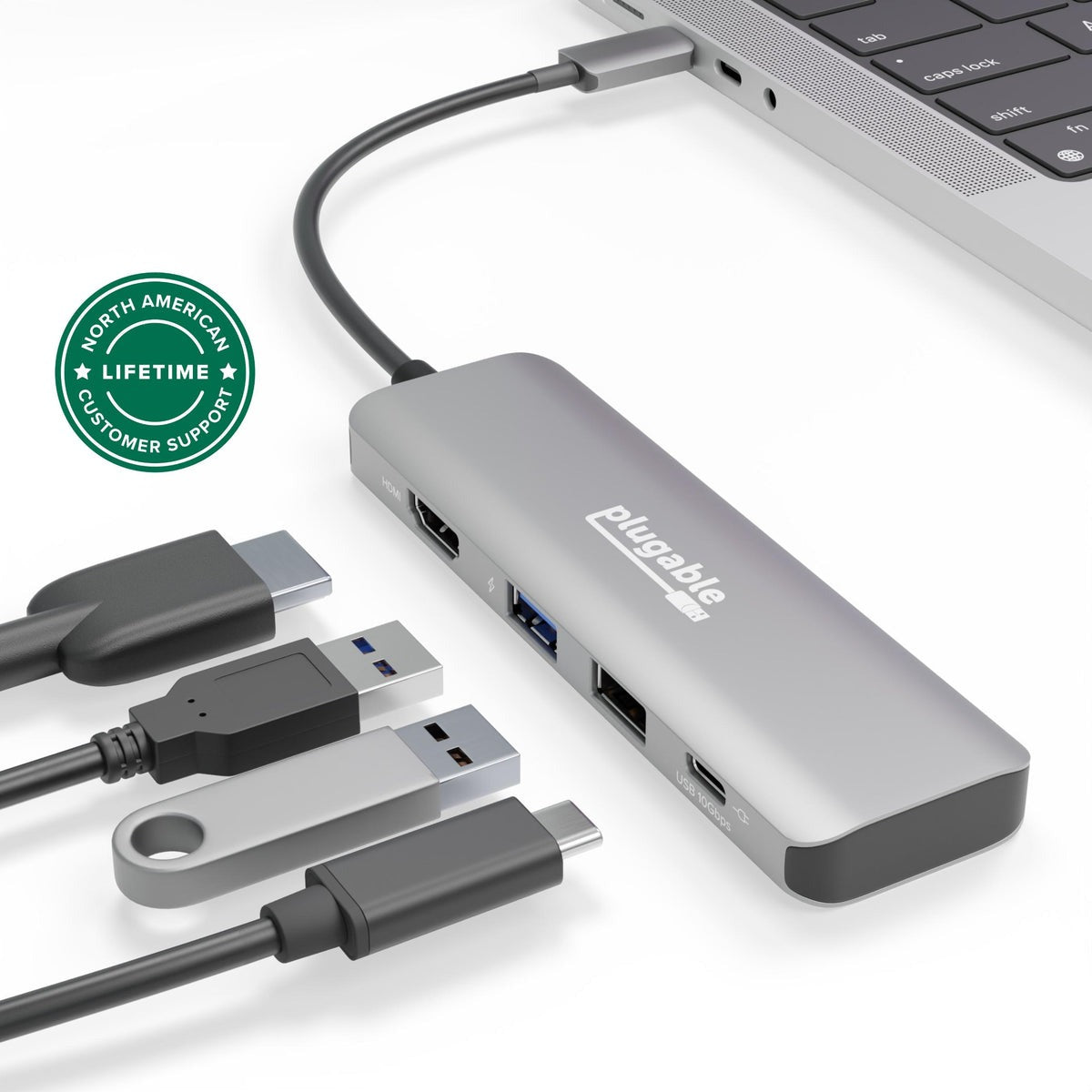 Plugable USBC-4IN1 hub with USB-C host cable and ports
