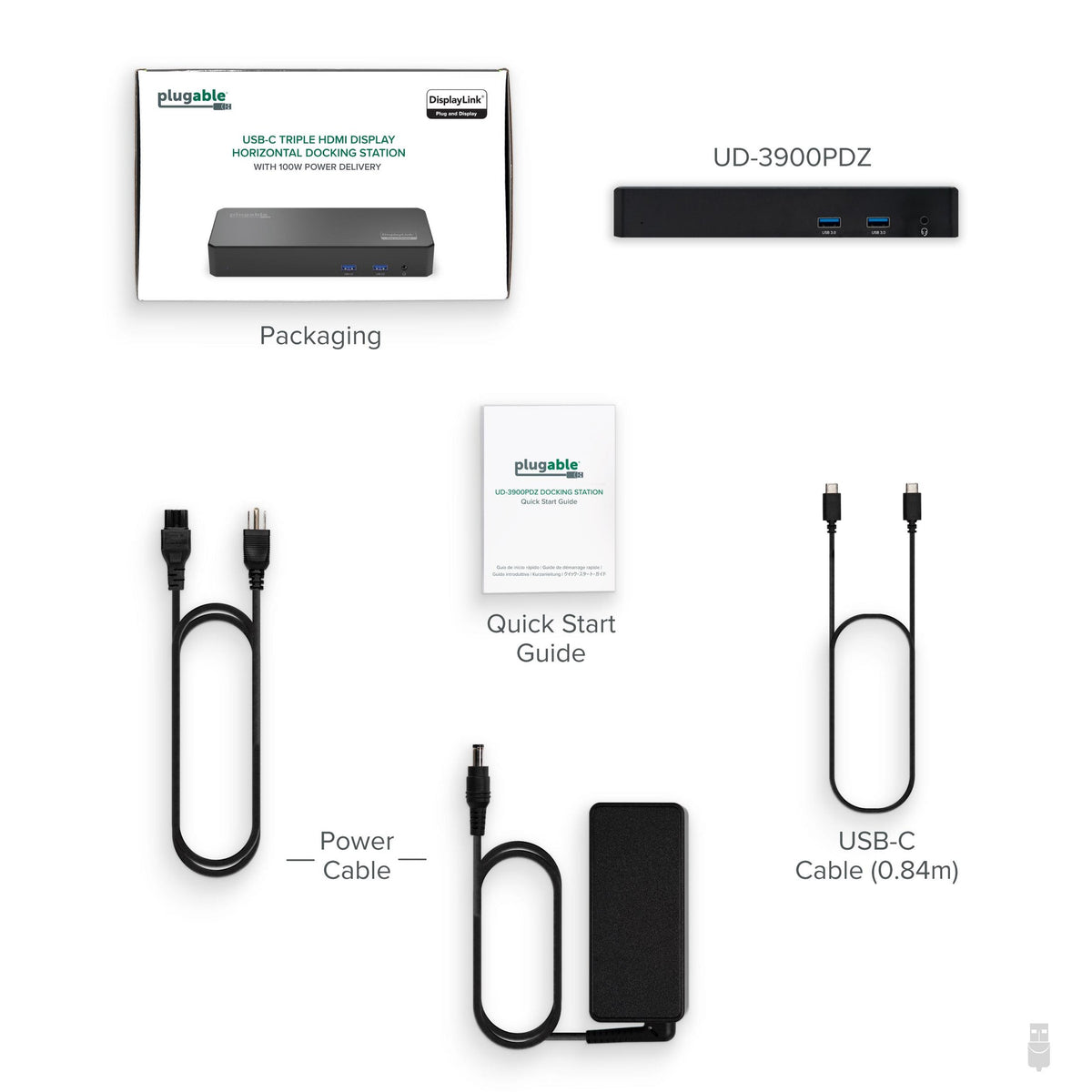 Plugable UD-3900PDZ dock and included box contents