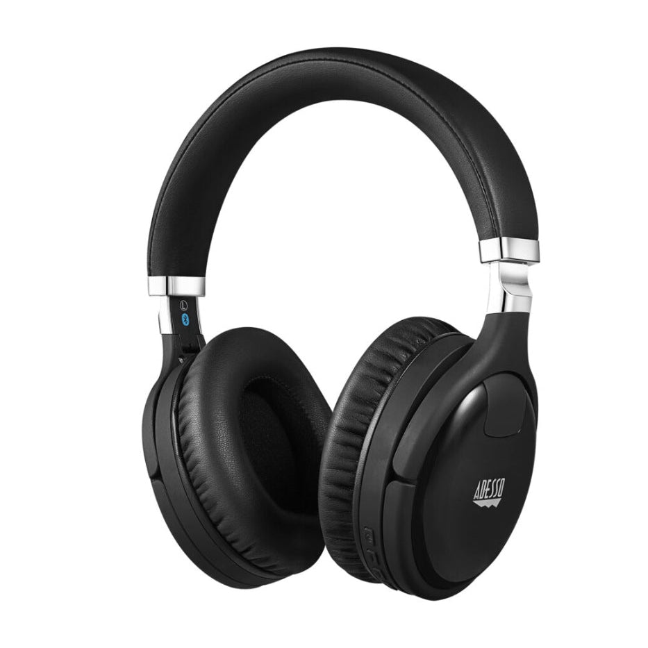 Adesso Headset Bluetooth Active Noise Cancelling with Mic Noise Isolating Foldable Headband Control Buttons Attachable 3.5mm Aux Cable Included - Black Adesso
