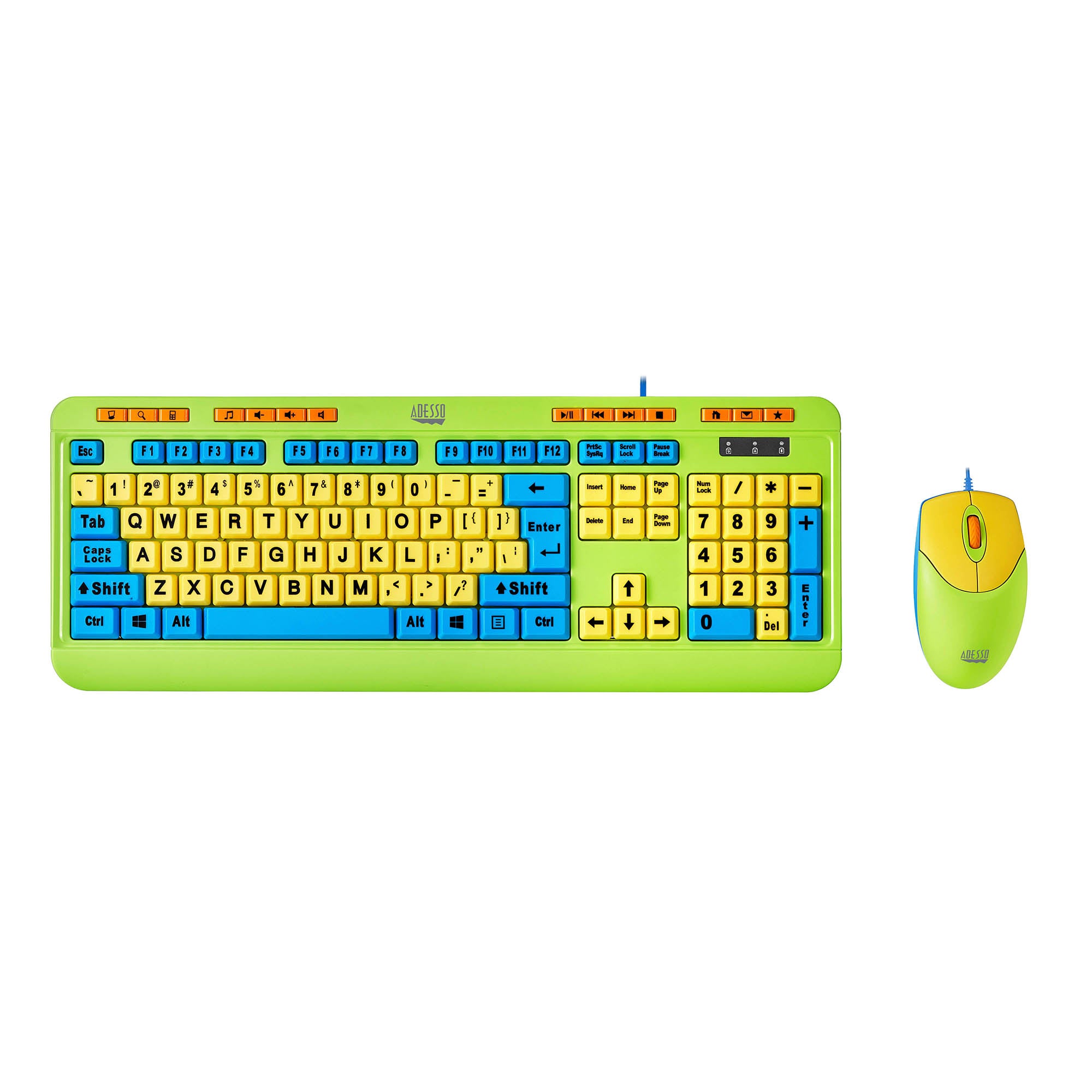 Adesso Keyboard & Mouse Combo Wired Antimicrobial Kids Large Print Colourful Set PC/Mac Adesso