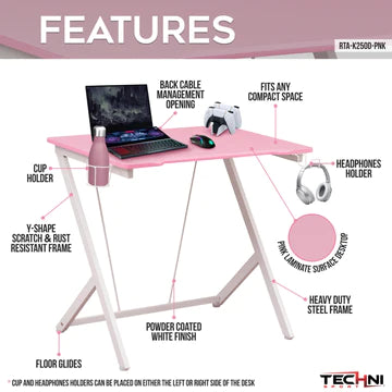 Techni Sport Kids Gaming Desk, Pink Gaming Desks