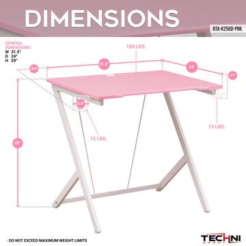 Techni Sport Kids Gaming Desk, Pink Gaming Desks